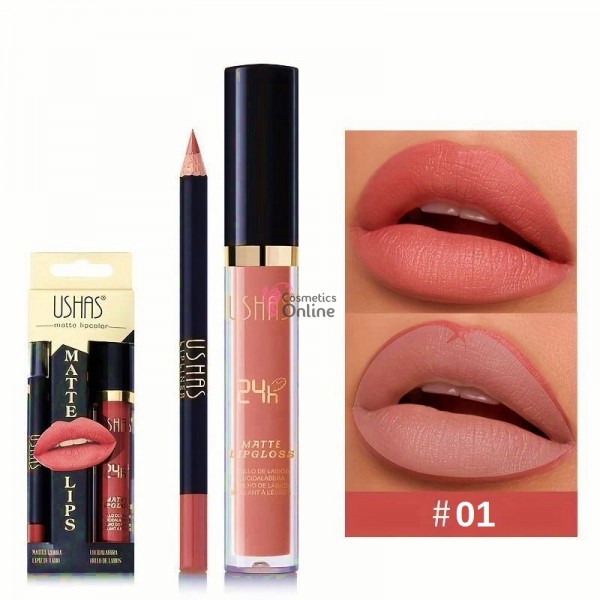 Gloss pentru buze USHAS Gloss Matt 24H cu 1 Creion pentru contur - UH01 Coral
